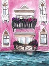 Watercolor illustration window in venice italy with flower balcony