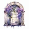 Watercolor illustration of a window with a view of the garden