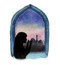 Watercolor illustration of a window in which a mosque and sunrise are visible, a Muslim woman prays, Ramadan