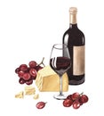 Watercolor illustration wineglass of red wine bottle, red grape and parmesan cheese. Picture drink isolated on the white