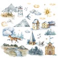 Watercolor illustration with winter house and castl,sun, forest, fox, clouds, mountain, church and Lighthouse in pastel Royalty Free Stock Photo