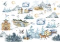 Watercolor illustration with winter house and castl,sun, forest, fox, clouds, mountain, church and Lighthouse in pastel Royalty Free Stock Photo