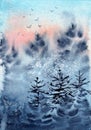 Watercolor illustration of a winter landscape with dark fir trees Royalty Free Stock Photo