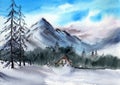Watercolor illustration of a winter landscape with snow-capped mountains, a winter forest and a wooden house Royalty Free Stock Photo