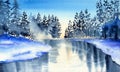 Watercolor illustration of a winter landscape with fir trees on a snowy river bank reflecting in the water