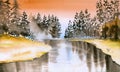 Watercolor illustration of a winter landscape with fir trees on a snowy river bank Royalty Free Stock Photo