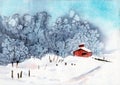 Watercolor illustration of a winter landscape with a red house covered in snow Royalty Free Stock Photo