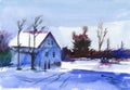 Watercolor illustration of a winter landscape with a village house and a forest Royalty Free Stock Photo