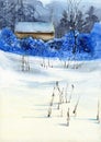 Watercolor illustration of a winter landscape with a wooden house covered in snow Royalty Free Stock Photo