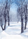 Watercolor illustration of a winter park or forest with bare trees