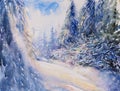 Winter landscape watercolor painted