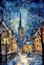 Watercolor illustration of winter street in the old town of Tallinn, Estonia. Travel poster, vertical wall art decor, printable