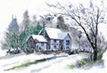 Watercolor illustration of a winter village, with snow-covered houses