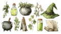 Watercolor illustration of witchcraft elements including herbs, potions, cauldrons, a witch hat, and an open spellbook. Royalty Free Stock Photo