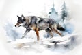 Watercolor illustration of a wolf in the winter forest on a white background