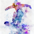 Jumping snowboarder. Watercolor illustration of a woman on a snowboard. Snowboarding Royalty Free Stock Photo