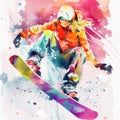 Jumping snowboarder. Watercolor illustration of a woman on a snowboard. Snowboarding Royalty Free Stock Photo