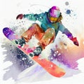Jumping snowboarder. Watercolor illustration of a woman on a snowboard. Snowboarding Royalty Free Stock Photo