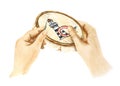 watercolor illustration of women& x27;s hands embroider, hold a needle and an embroidery frame with picture, hand drawn