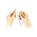 watercolor illustration of women's hands embroider, hold a needle and floss, hand drawn sketch of needlework theme Royalty Free Stock Photo