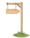 Watercolor illustration of wood sign holder, wooden arrow-shaped plank or direction pointer signpost on grass isolated