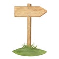 Watercolor illustration of wood texture, wooden arrow-shaped plank or direction pointer signpost on the green grass