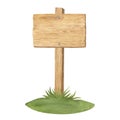 Watercolor illustration of wood texture, wooden plank or direction pointer signpost on the green grass isolated