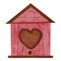 Watercolor illustration, wooden birdhouse with heart hole isolated on white background. For various products, cards, etc Royalty Free Stock Photo