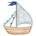 Watercolor illustration, wooden boat with blue sail isolated on white background, element for baby products.