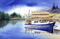 Watercolor illustration of a wooden boat shed and a jetty on a lake