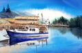 Watercolor illustration of a wooden boat shed and a fishing boat on a lake