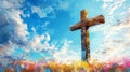 Watercolor illustration of wooden cross against blue sky background. Concept of rebirth, Easter celebration Royalty Free Stock Photo