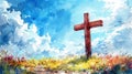 Watercolor illustration of wooden cross against blue sky background. Concept of rebirth, Easter celebration Royalty Free Stock Photo