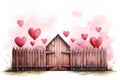 watercolor illustration wooden fence with gate with pink hearts isolated on white background Royalty Free Stock Photo