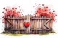 watercolor illustration wooden fence with hearts trees isolated on white background Royalty Free Stock Photo