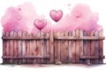 watercolor illustration wooden fence with pink hearts isolated on white background Royalty Free Stock Photo