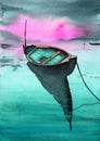 Watercolor illustration of a wooden fishing boat on the shallows