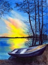 Watercolor illustration of a wooden fishing boat on the shore