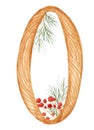 Watercolor illustration, wooden number zero decorated with fir branches and berries. Royalty Free Stock Photo