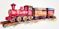 Watercolor illustration of a wooden toy train on wooden toy tracks Royalty Free Stock Photo