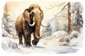 watercolor illustration of woolly mammoth walking in winter snowy forest
