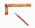 Watercolor illustration.Working measuring tools of the construction concept.Metal ruler and pencil. Isolated on a white background