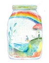 Watercolor illustration - world in a jar, fisherman, house