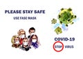 Watercolor illustration, world quarantine-CAVID 19 coronavirus infection, protective masks, protective clothing