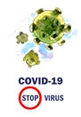 Watercolor illustration, world quarantine monochrome image of CAVID-19 coronavirus infection isolated on a white