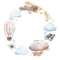 Watercolor illustration of wreath with flying vehicles and travel attributes. Airship, retro plane, hot air balloon Royalty Free Stock Photo