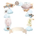 Watercolor illustration of wreath with flying vehicles and travel attributes. Airship, retro plane, hot air balloon Royalty Free Stock Photo