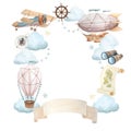 Watercolor illustration of wreath with flying vehicles and travel attributes. Airship, retro plane, hot air balloon Royalty Free Stock Photo
