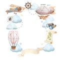 Watercolor illustration of wreath with flying vehicles and travel attributes. Airship, retro plane, hot air balloon Royalty Free Stock Photo