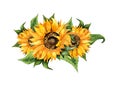 Watercolor illustration of a wreath of sunflower flowers and leaves.
